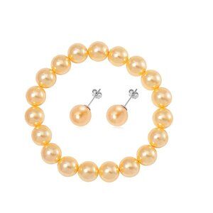Golden Shell Pearl Stretch Bracelet and Earrings in Rhodium Over Sterling Silver